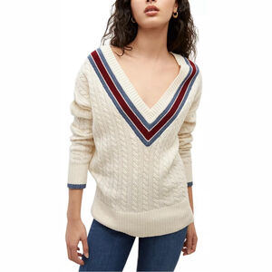 Veronica Beard Sibley Tennis Sweater Cream Cable Knit V-Neck Women's Medium Wool